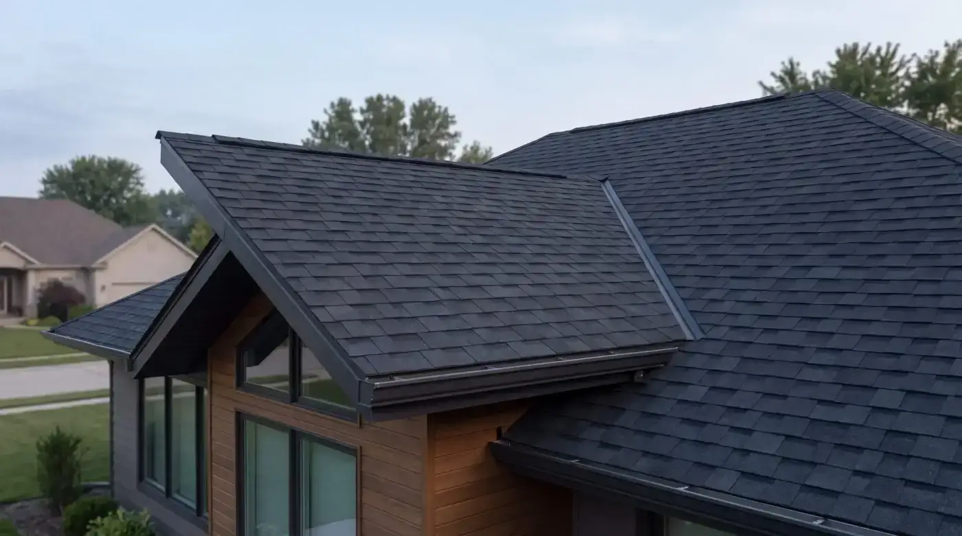A close-up view highlights dark grey asphalt shingles neatly installed across a steep residential roofline.